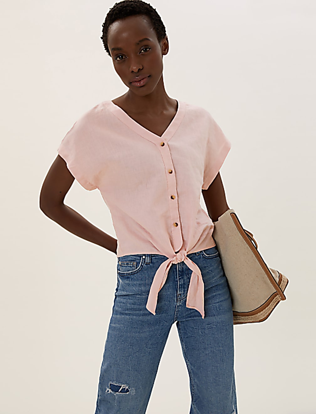 Pure Linen Tie Front Short Sleeve Top