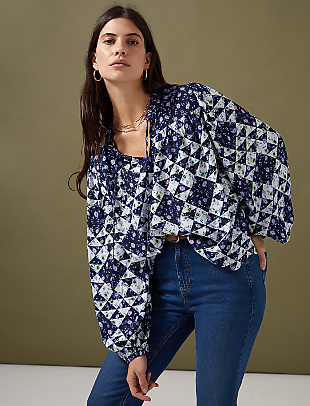 Geometric Tie Neck Puff Sleeve Blouse