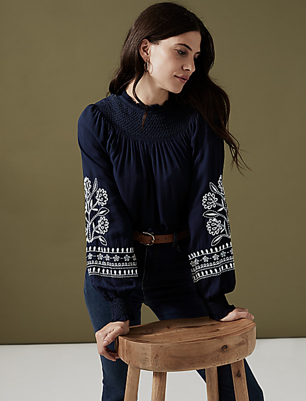 Embroidered Funnel Neck Blouse