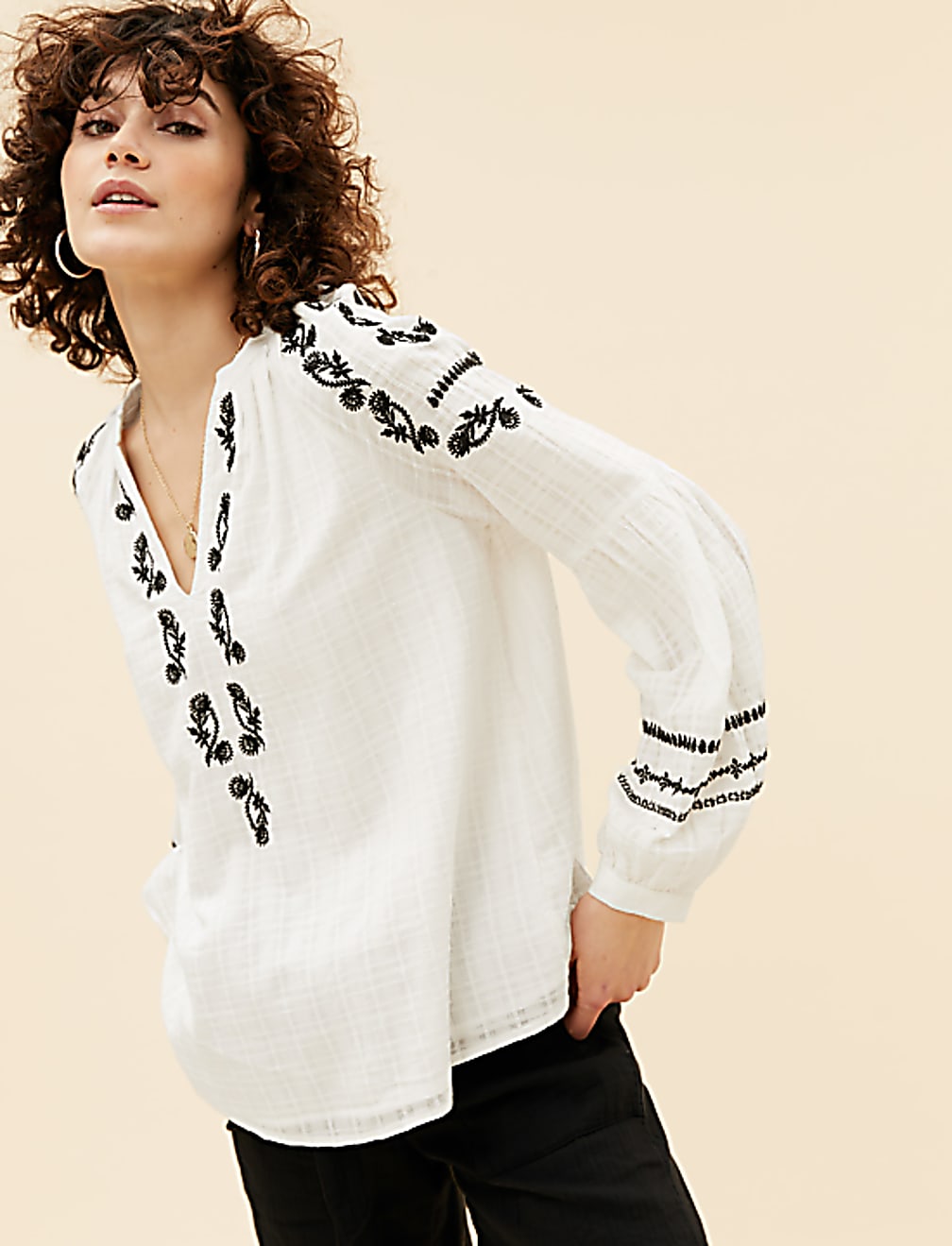 Pure Cotton Embroidered V-Neck Tunic