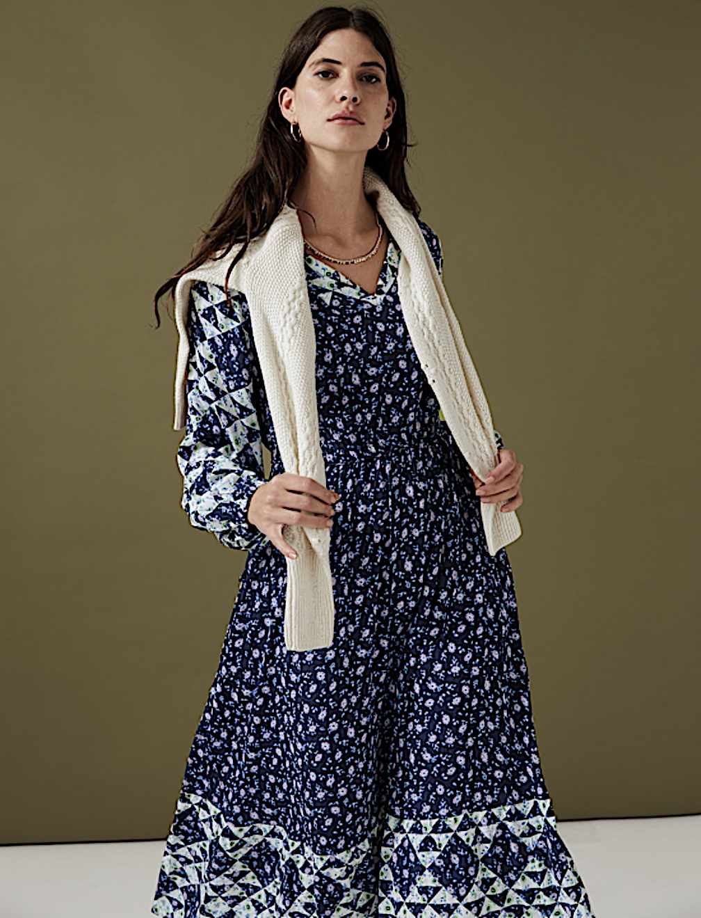 Floral Tie Neck Midaxi Waisted Dress