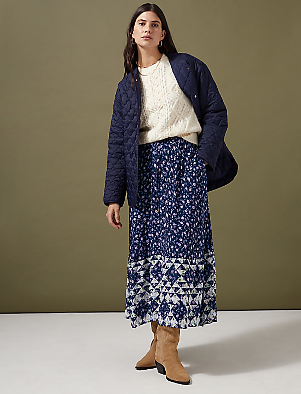 Geometric Floral Midaxi Tiered Skirt