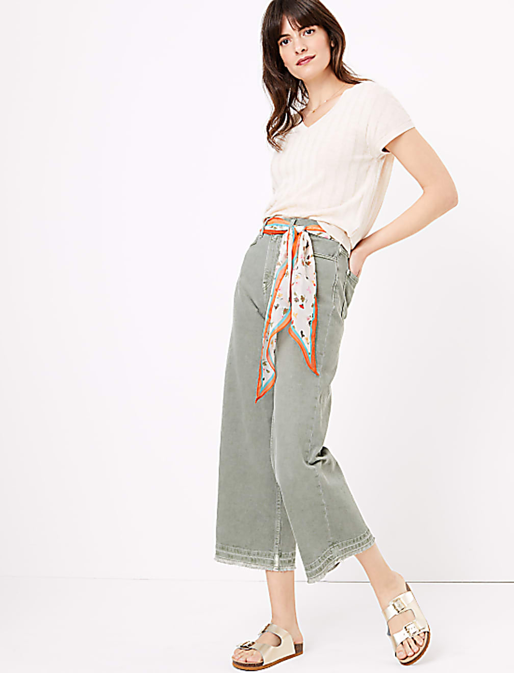 High Waisted Scarf Belt Wide Leg Jeans