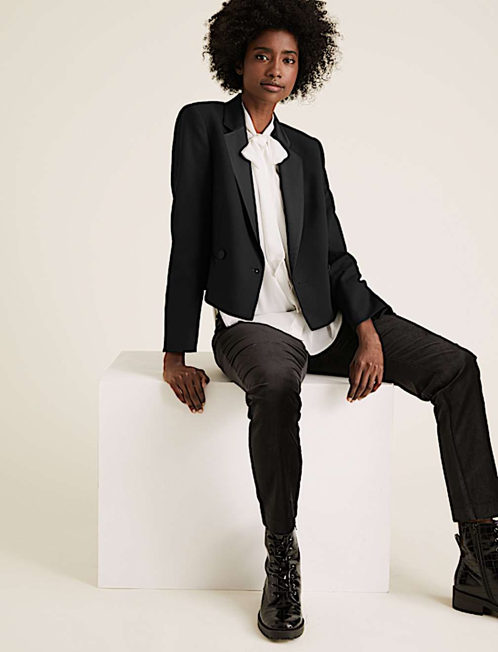 Double Breasted Cropped Tuxedo Jacket