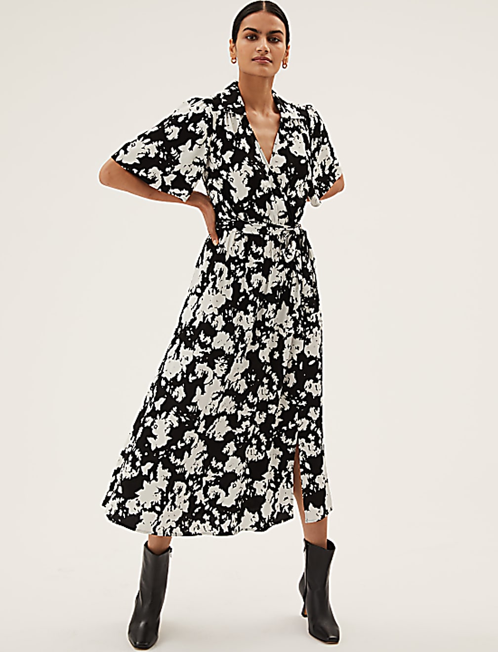 Floral V-Neck Angel Sleeve Midi Wrap Dress