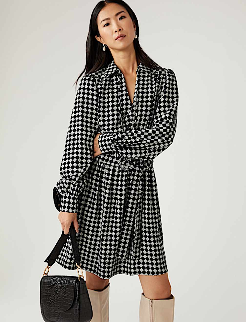 Checked Tie Neck Mini Waisted Dress