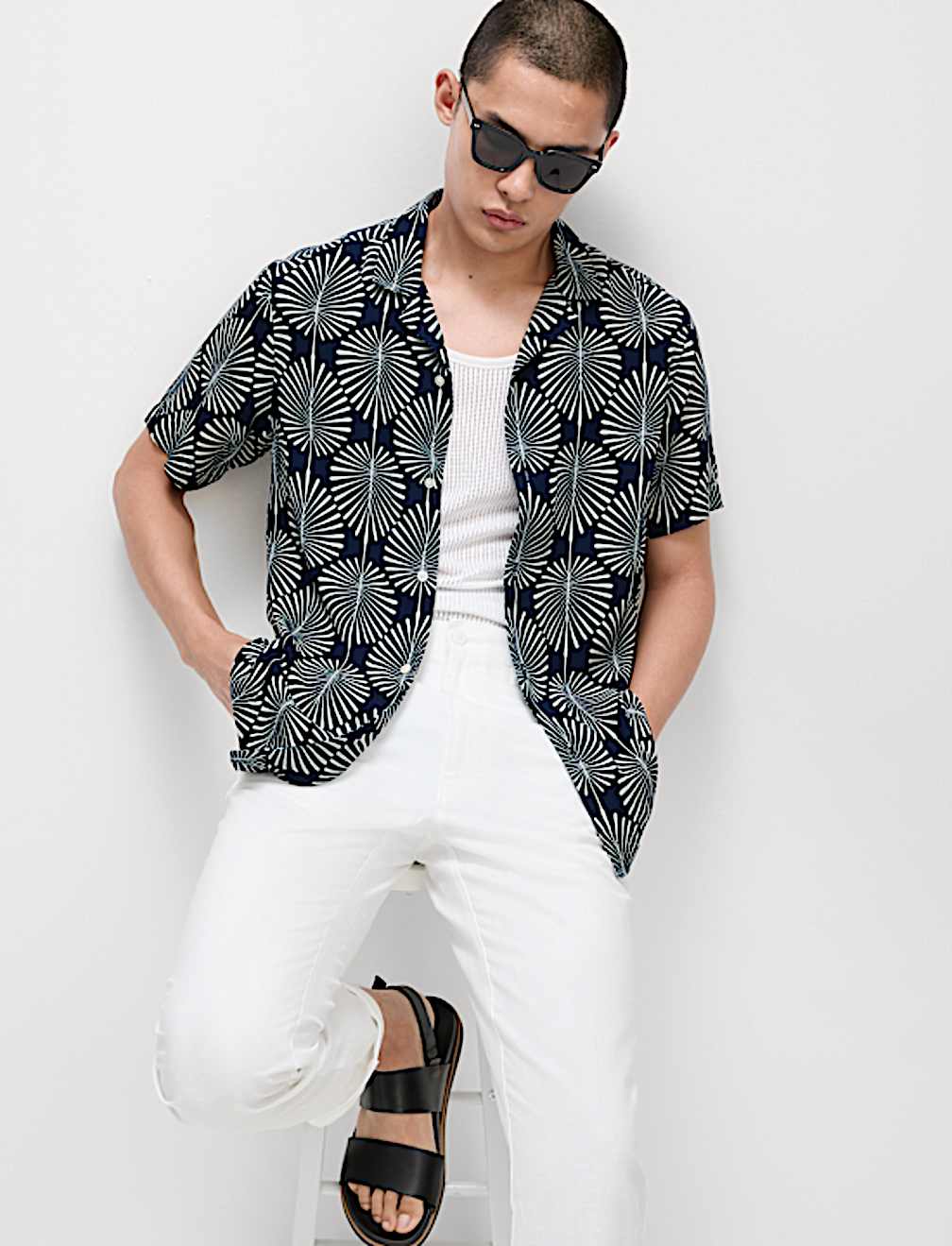 Geometric Print Cuban Collar Shirt