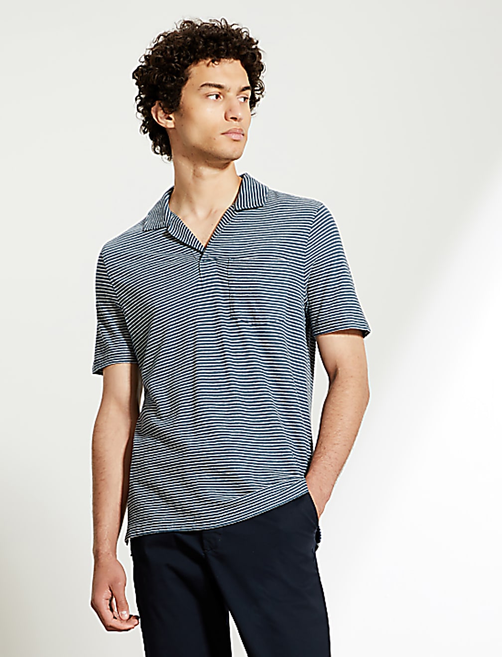 Cotton And Linen Striped Open Collar Polo Shirt
