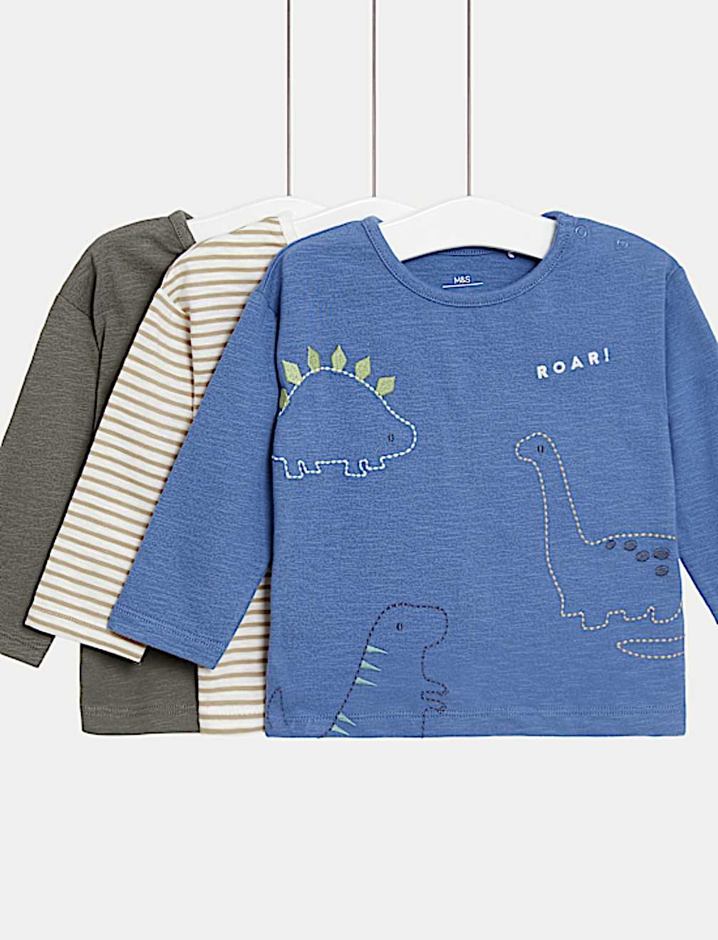 3pk Pure Cotton Dinosaur & Striped Tops (0-3 Yrs)