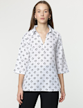 Linen Rich Abstract Print 3/4 Sleeves Top