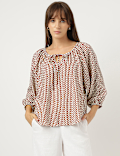 Linen Rich Geometric Print Tie-Ups Neck Top