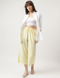Linen Blend Printed Wide Cropped Pants