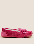 Velvet Bow Faux Fur Lined Moccasin Slippers