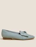 Leather Bow Flat Square Toe Loafers