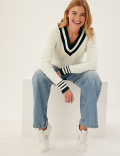 Cotton Rich Cable Knit V-Neck Jumper