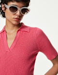 Cotton Rich Ribbed Collared Knitted Top
