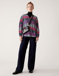Cotton Blend Printed V-Neck Relaxed Blouse