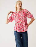 Cotton Blend Printed Shirred Blouse