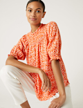 Cotton Blend Printed Shirred Blouse