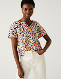 Pure Cotton Printed Tie Neck Blouse