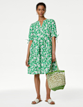 Pure Cotton Floral Pintuck Knee Length Tiered Dress