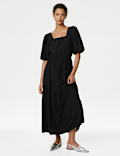 Textured Square Neck Midi Tiered Dress