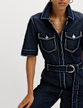 Denim Belted Wide Leg Utility Jumpsuit