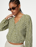 Linen Rich Printed V-Neck Wrap Top