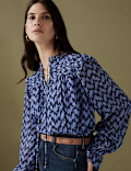 Floral Tie Neck Pintuck Ruffle Blouse
