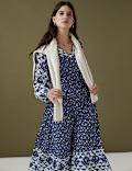 Floral Tie Neck Midaxi Waisted Dress