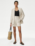 Linen Blend High Waisted Pleat Front Shorts