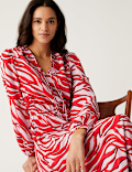 Zebra Print Tie Neck Midaxi Waisted Dress