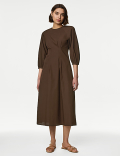 Pure Cotton Round Neck Midaxi Waisted Dress