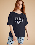 Cotton Slogan Top Cycling Shorts Pyjama Set
