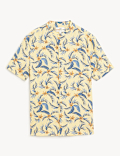 Linen Blend Floral Grandad Collar Shirt