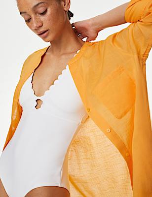 Pure Cotton Collarless Beach Cover Up Shirt