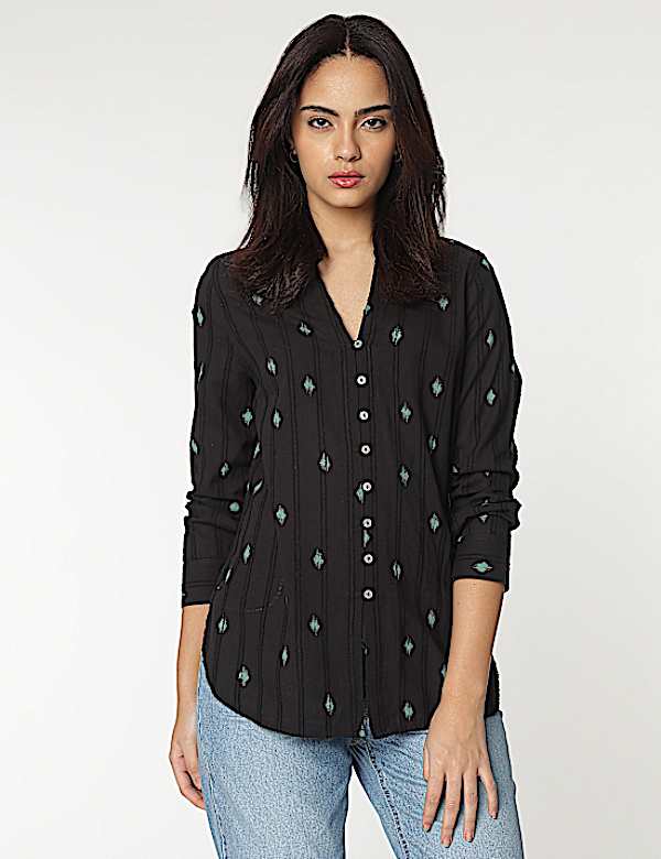 Pure Cotton Mandarin Collar Textured Top