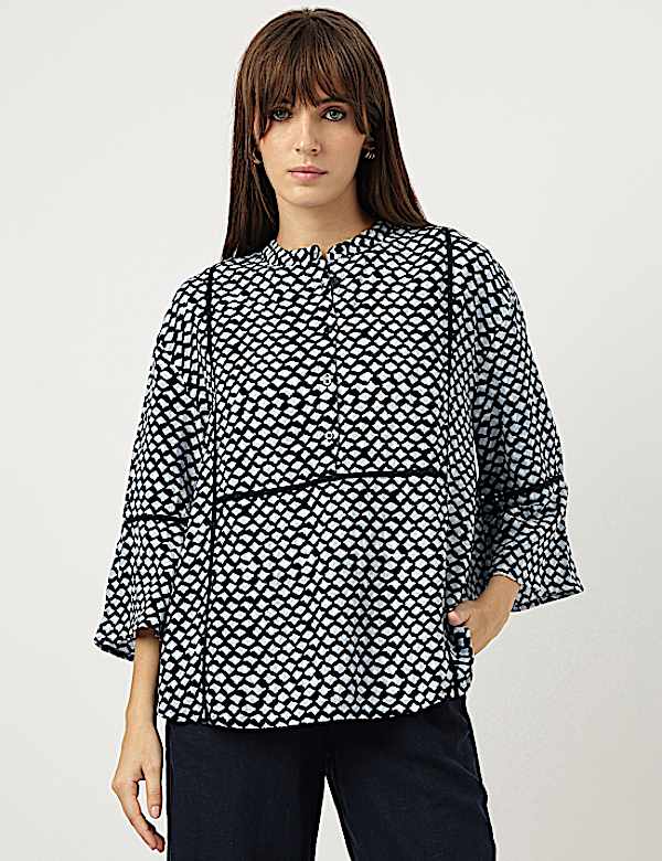 Linen Rich Tie-Dye Mandarin Collar Top