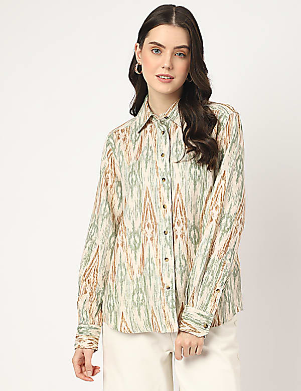 Pure Linen Printed Spread Collar Shirt