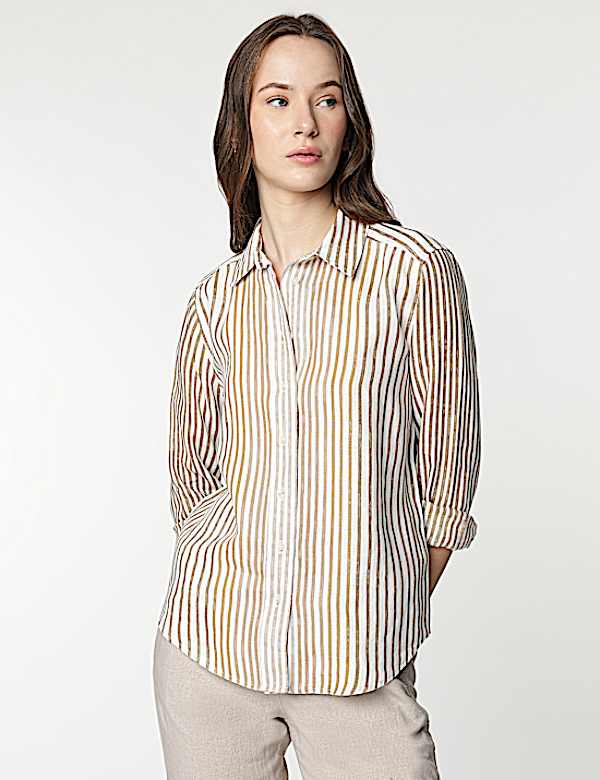 Pure Linen Striped Spread Collar Shirt