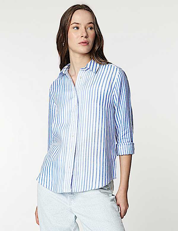 Pure Linen Striped Spread Collar Shirt