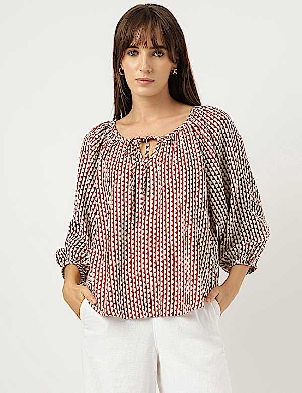 Linen Rich Geometric Print Tie-Ups Neck Top