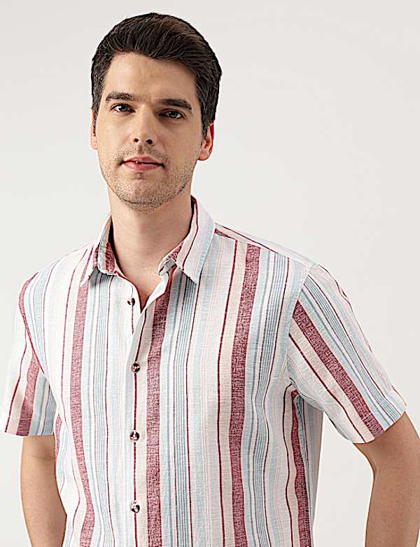 Linen Blend Striped Spread Collar Shirt