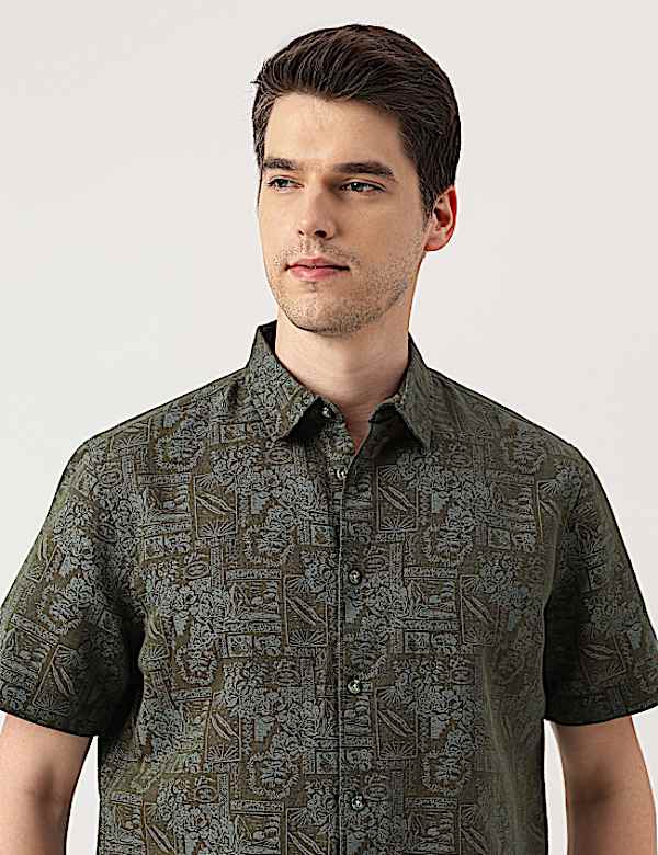 Linen Blend Printed Spread Collar Shirt