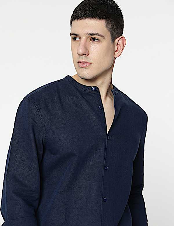 Linen Rich Mandarin Collar Shirt