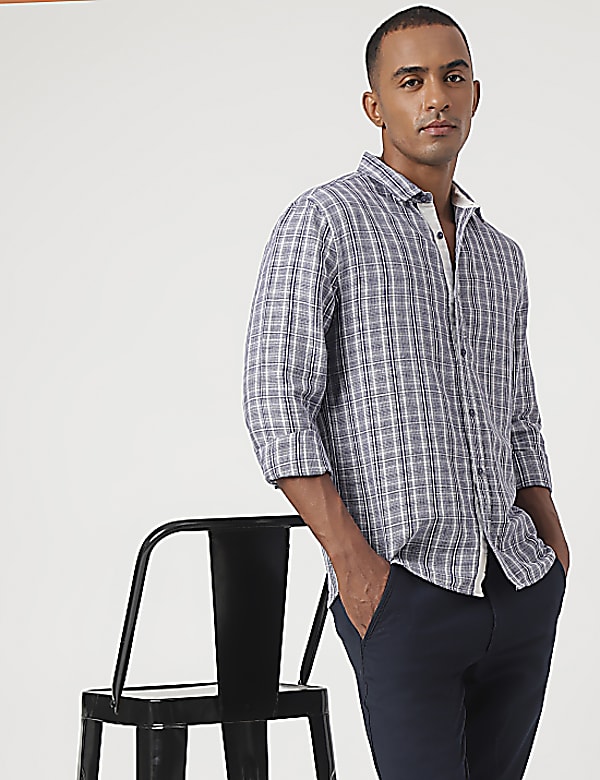 Linen Mix Checked Spread Collar Shirt