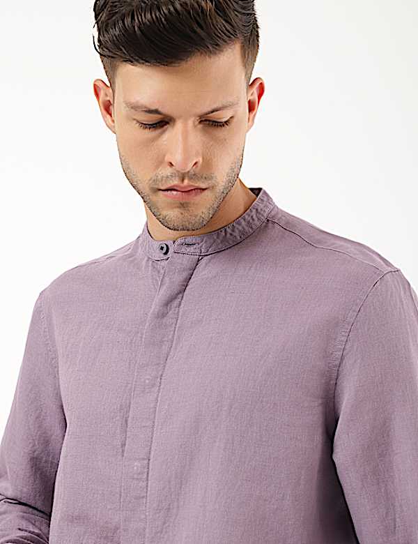 Linen Mix Plain Mandarin Collar Shirt