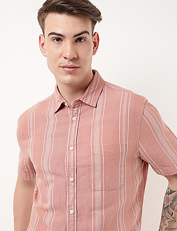 Linen Mix Striped Spread Collar Shirt