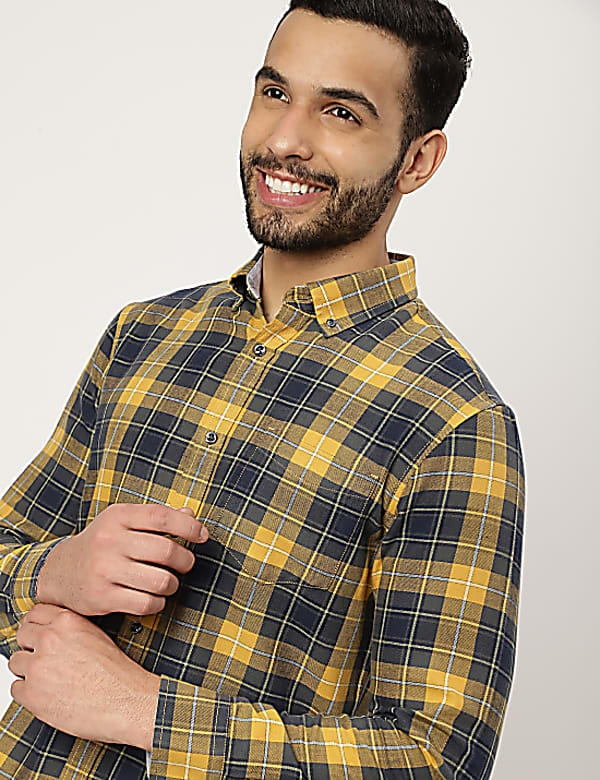 Pure Cotton Checked Buttonown Collar Shirt