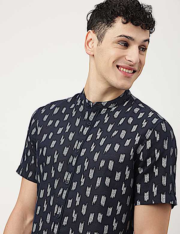 Linen Mix Printed Mandarin Collar Shirt